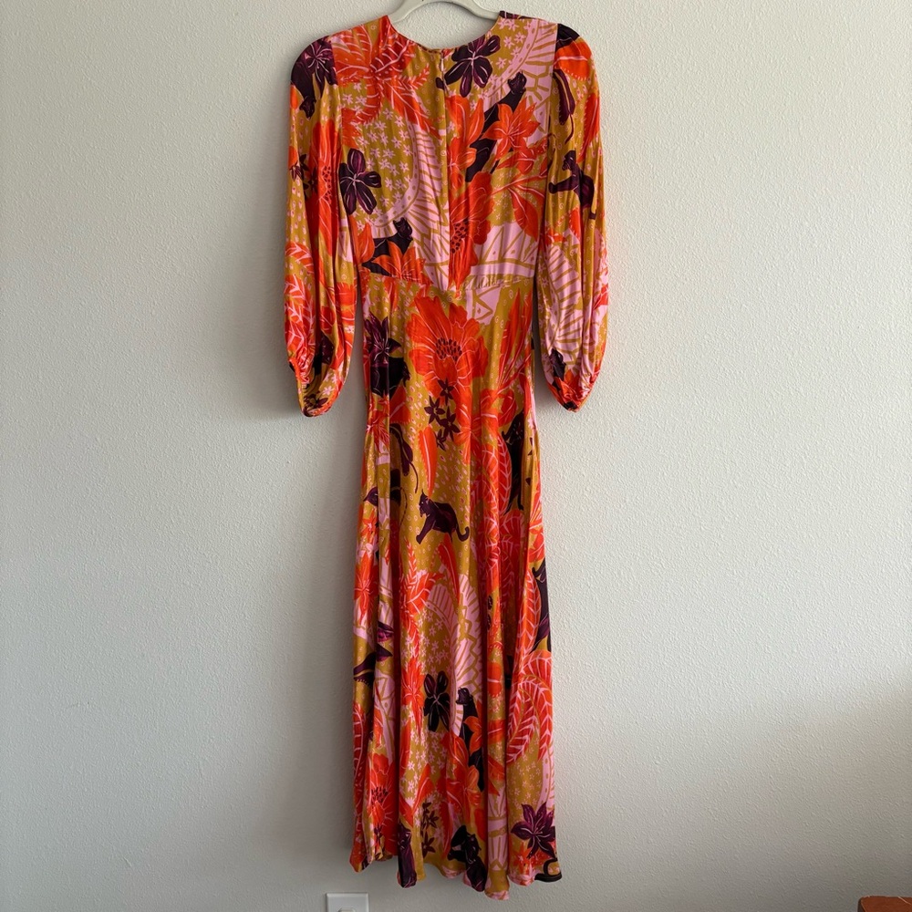 NWT FARM Rio Puff-Sleeve Cutout Slip Dress Midi Women’s XS Jungle Panther - Picture 8 of 11